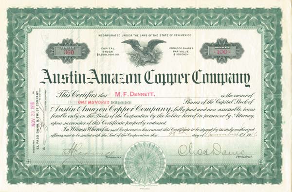 Austin-Amazon Copper Co. - Stock Certificate